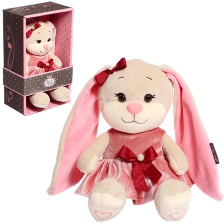 Soft toy "Bunny Lin", in a pink velvet dress with a bow, 20 cm