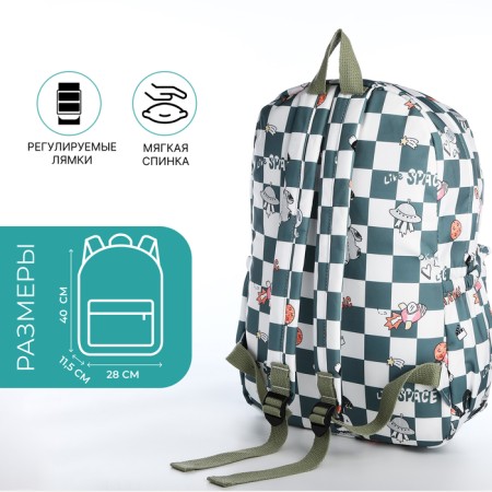 School backpack from textiles on a zipper, 3 pockets, green color-1