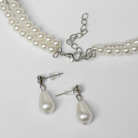 Set 2 objects: earrings, “lady” necklace 2 threads, shiny path, white color in silver, 45 cm-1