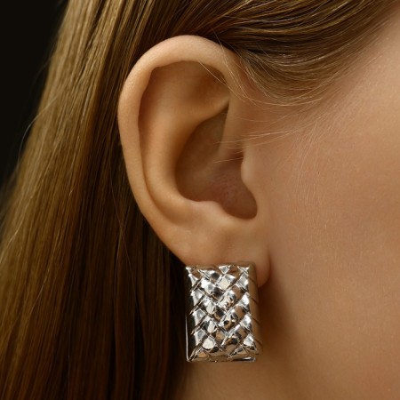 Earrings Metal "Chord" wicker, rectangle, silver color-4