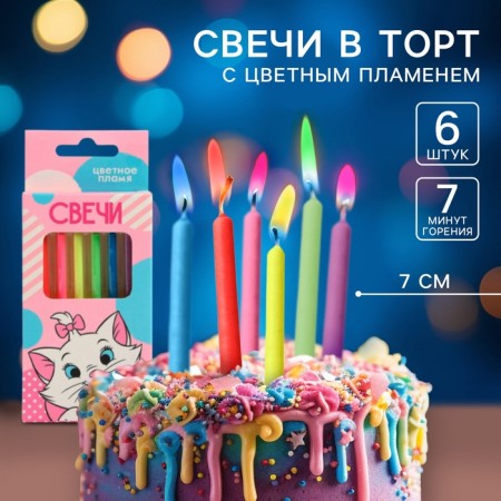 A set of candles in a cake 6 pieces, with a colored flame, cats aristocrats