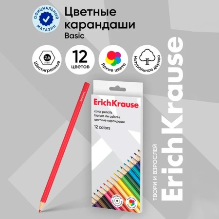 Pencils 12 colors Erichkrause Basic, wood, hexagonal, 2.6 mm barrels, cardboard packaging, euro suspension-8