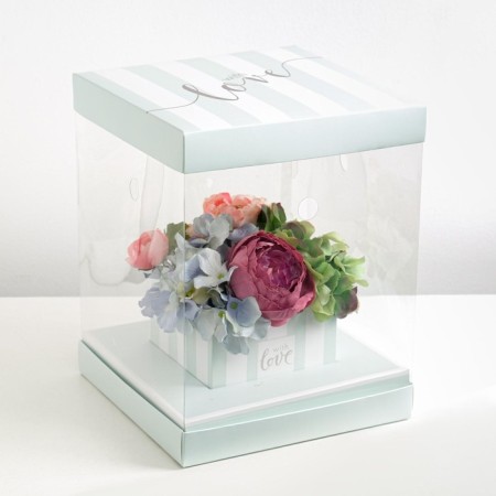 Gift box for flowers with a vase and PVC windows folding, packaging, "With Love", 23 x 30 x 23 cm-2