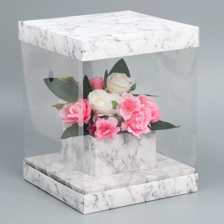 Gift box for flowers with a vase and PVC windows folding, packaging, "marble", 23 x 30 x 23 cm-1