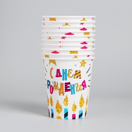 A one -time paper glass "Happy Birthday" candles and stars, 250 ml.-1