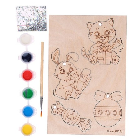 New Year's set for creativity. Wood painting "Feast at Bunny and Cat"-3