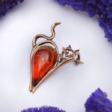 Amber Brooch cat drop, cognac color in bronze