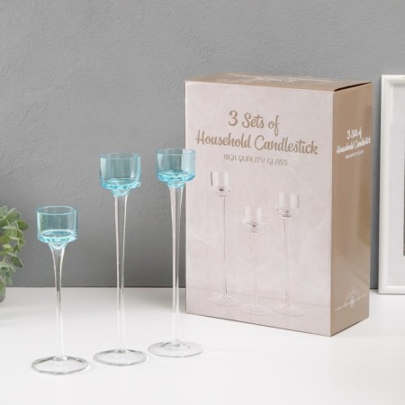 Glass candlestick set 3 pcs "Transparency of thoughts" height 26cm-2pcs., 20 cm- 1 pc. blue-3