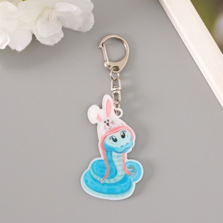 Acryl keychain "Snake in a knitted hat of a bunny" 6x3.6 cm