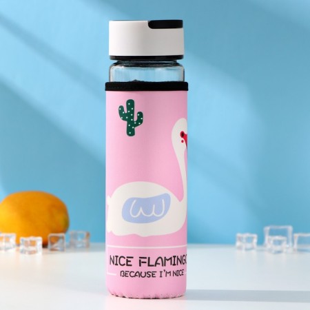 A glass bottle with a handle in a flamingos cover, 500 ml, h = 23.5 cm, Mix drawing