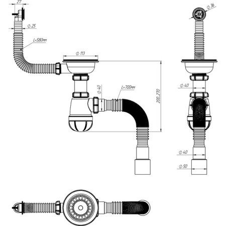 Aquant siphon for washing, 3 1/2 "x 40 mm, round overflows, with corrugated 40x40/50 mm-3