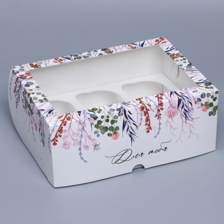 Capcake box, confectionery packaging with a window, 6 cells "Wreath", 25 x 17 x 10 cm