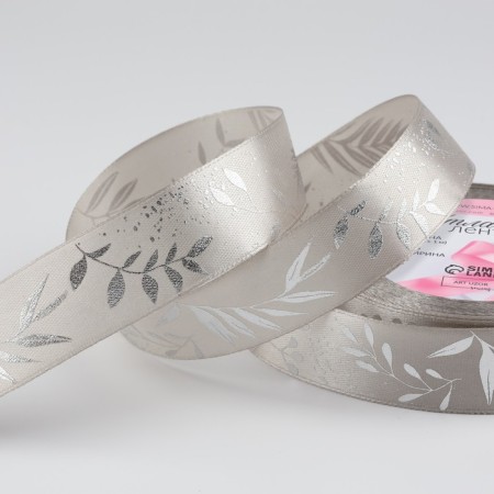 Satin tape with embossing "Delicate leaves", 25 mm, 18 ± 1 m, gray/silver color No. 179