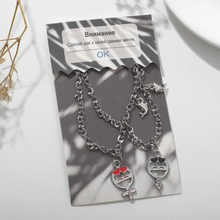 Bracelets "Demetrons" Men's female with dolphins, black and red color in silver, 17 size-2
