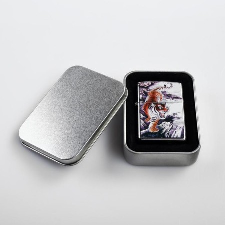 Lighter "Wise Tiger" in a metal box, silicon, gasoline, 6x8 cm-3
