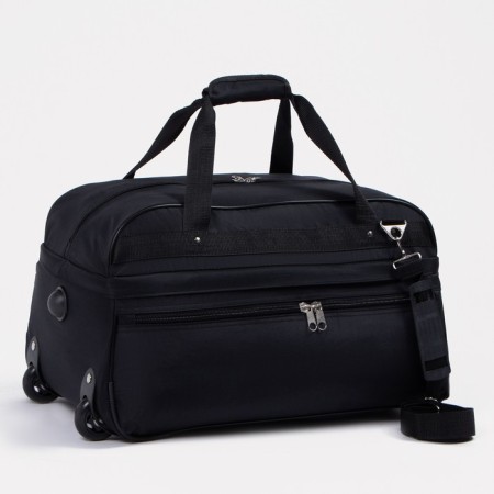 Road bag on wheels, a lightning department, with an increase, an outer pocket, a long belt, black color is black