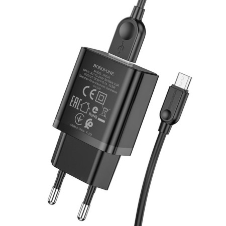 Network charger Borofone BA52A, USB, 2.1 A, MicroUSB cable, 1 m, black-2