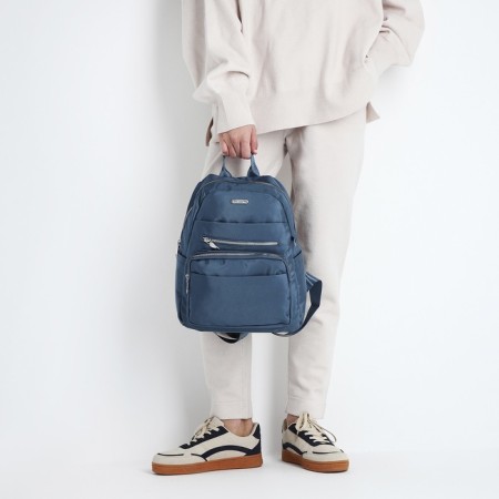A backpack with a zipper, 5 outer pockets, pencil case, turquoise color-11