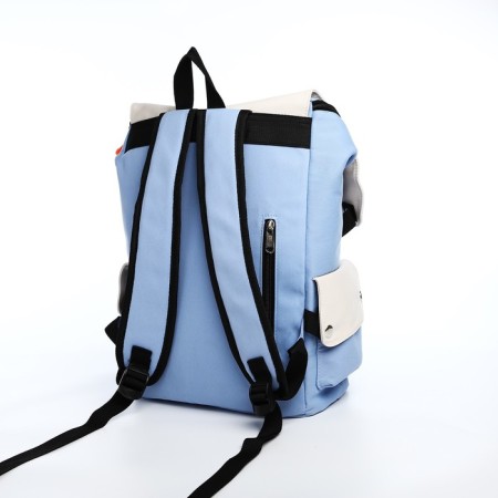 A backpack with a zipper, 5 outer pockets, beige/blue color-3