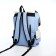 A backpack with a zipper, 5 outer pockets, beige/blue color