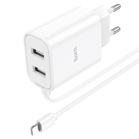 Network charger HOCO C103A, 2 USB, 2.1 A, built -in Lightning cable, 1 m, white-2