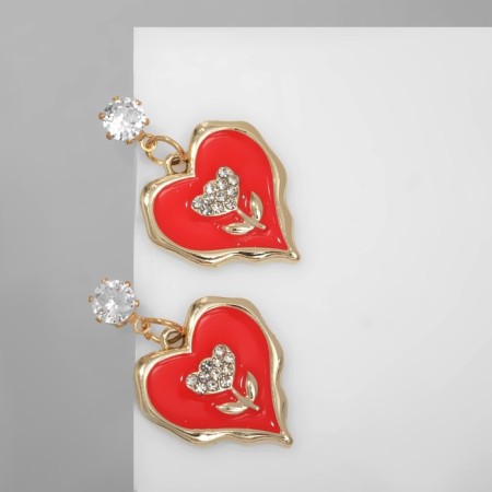 Emall earrings "heart" with tulips, white-red color in gold