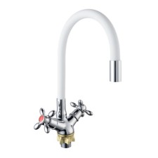 Смеситель для кухни BOOU BA5318-1F-E351A-B702, гибкий излив, латунь, белый/хром