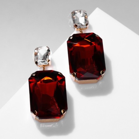 Earrings with rhinestones "Jewelry" Squares are white-red color in gold-1