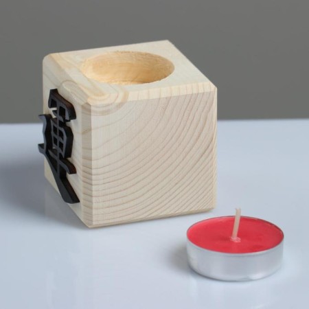 A candle in a wooden candlestick "Cube, hieroglyphs. Health", cherry aroma-1