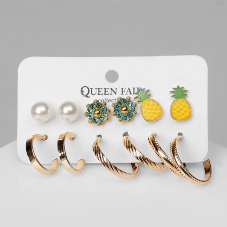 Set of earrings 6 pairs "Assorted" pineapple with flower, white-yellow color in gold