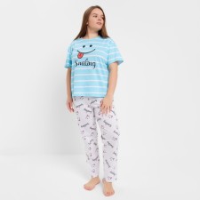 Female set (T-shirt/pants), blue/light gray color, size 56
