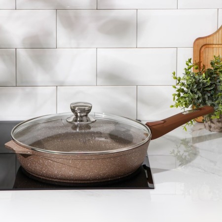 Granite pan, d = 30 cm, removable handle, glass cover, anti -stick coating, brown color-6