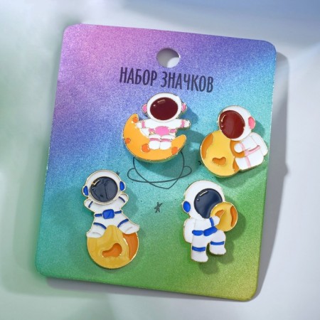 Set of badges (4 pcs.) "Cosmonauts" on the moon, color in gold-1