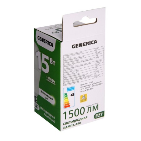 LED LED Generica A60, 15 W, pear, 4000 K, E27, 230 V, LL-A60-15-230-40-E27-G-1