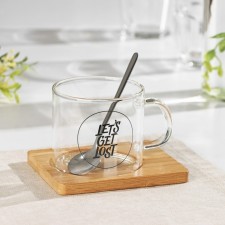 Glass mug with a spoon on a wooden stand “Kotik”, 300 ml, Mix drawing