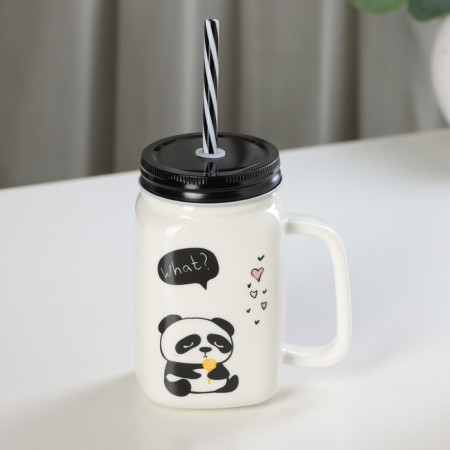 Ceramic mug with a metal lid and panda tube, 420 ml, MIX drawing-7