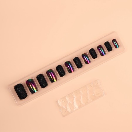 Falbled nails "Night", 12 pcs, with sparkles and holography, with adhesive plates, a soft square, black form-2
