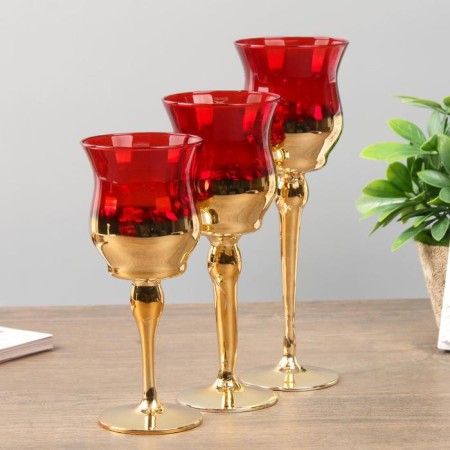 Glass candlestick set 3 pcs "glasses" height 18, 20, 22.5 cm red 22.5x7.8x7.8 cm-2
