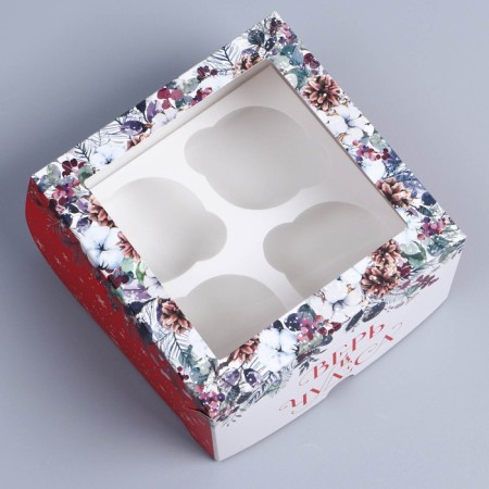 Folding box for 4 cupcakes with the window "Believe in miracles", 16 x 16 x 10 cm, New Year-2