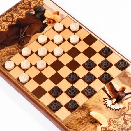 Neds "Hunting with a golden eagle", a wooden board 60 x 60 cm, with a field for playing checkers-2