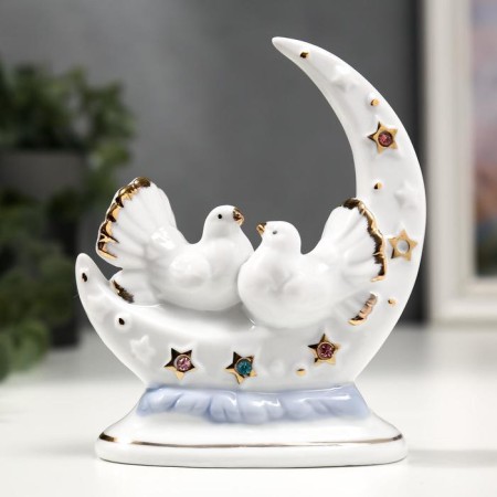 Souvenir ceramics "White pigeons with a month" with gold, rhinestones 12 cm