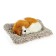 A toy on a car panel, a dog on a pillow, a white-red color