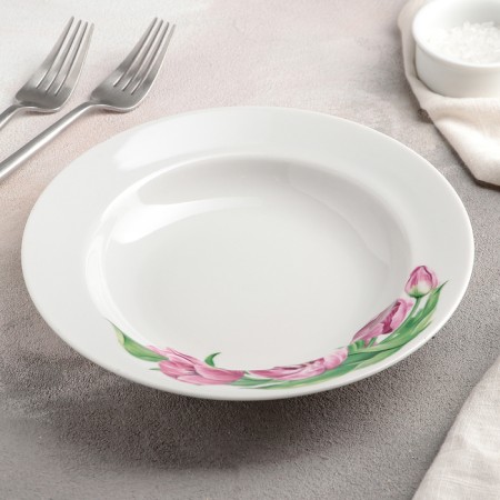 Deep plate "Pink Tulips", 225 ml, d = 20 cm, white, porcelain