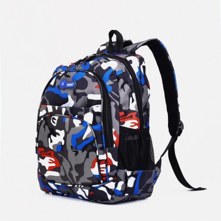 School backpack from textiles 2 of the lightning department, external pocket, gray/blue color-2