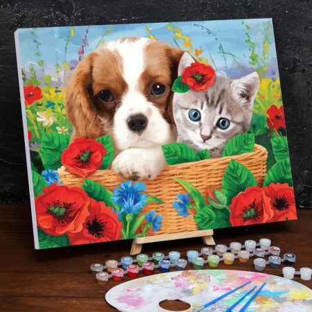 Picture on numbers on a canvas with a subframe "kitten and puppy", 40 x 50 cm-1