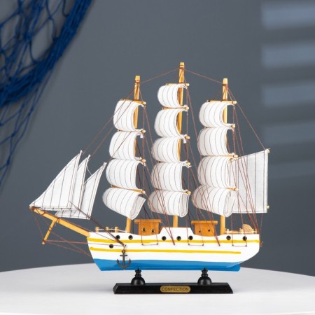 Ship "Medusa" three -masted with white sails, white sides with stripes, 33*7*32cm-6