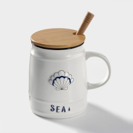 Ceramic mug with a wooden lid and spoon "Sea", 400 ml, Mix drawing