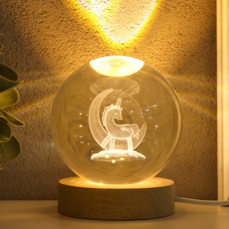Souvenir Glass backlight "Unicorn for month" D = 8 cm stand wood, usb 8x8x9.5 cm