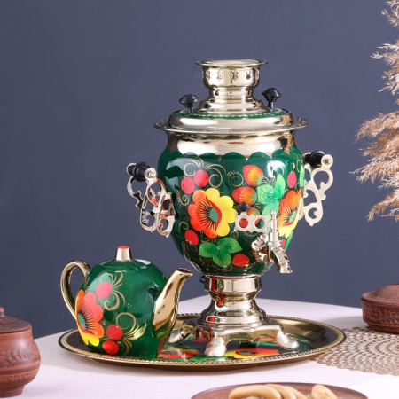 The set "Poppies on the Green", a stoker, 3 objects, a samovar 3 l, a teapot 0.7 l, tray-1