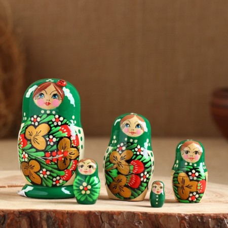 Matryoshka "God's cow", green dress, 5 puppet, 10-12 cm-8